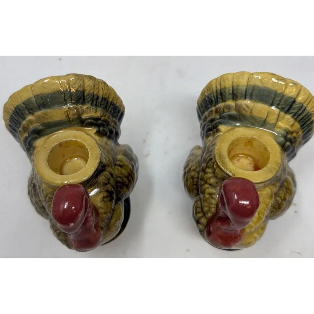 Vintage Japan Napcoware Hand-Painted Ceramic Turkey Candlesticks - Set of Two
